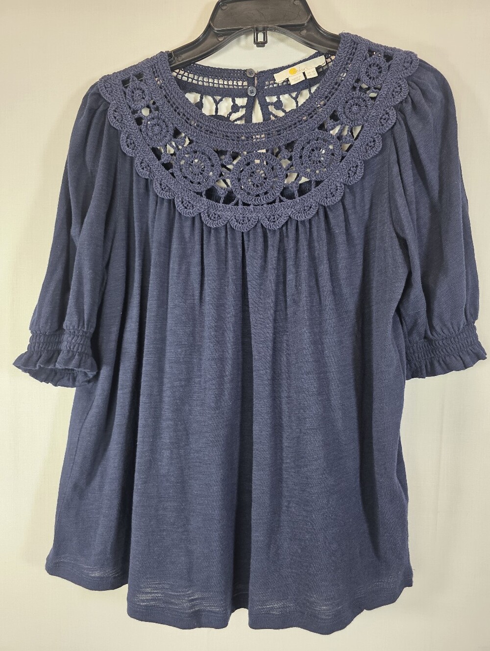 Boden Navy Blue Crochet Yoke Top Size 6 Boho Cottagecore Puff Sleeve Blouse